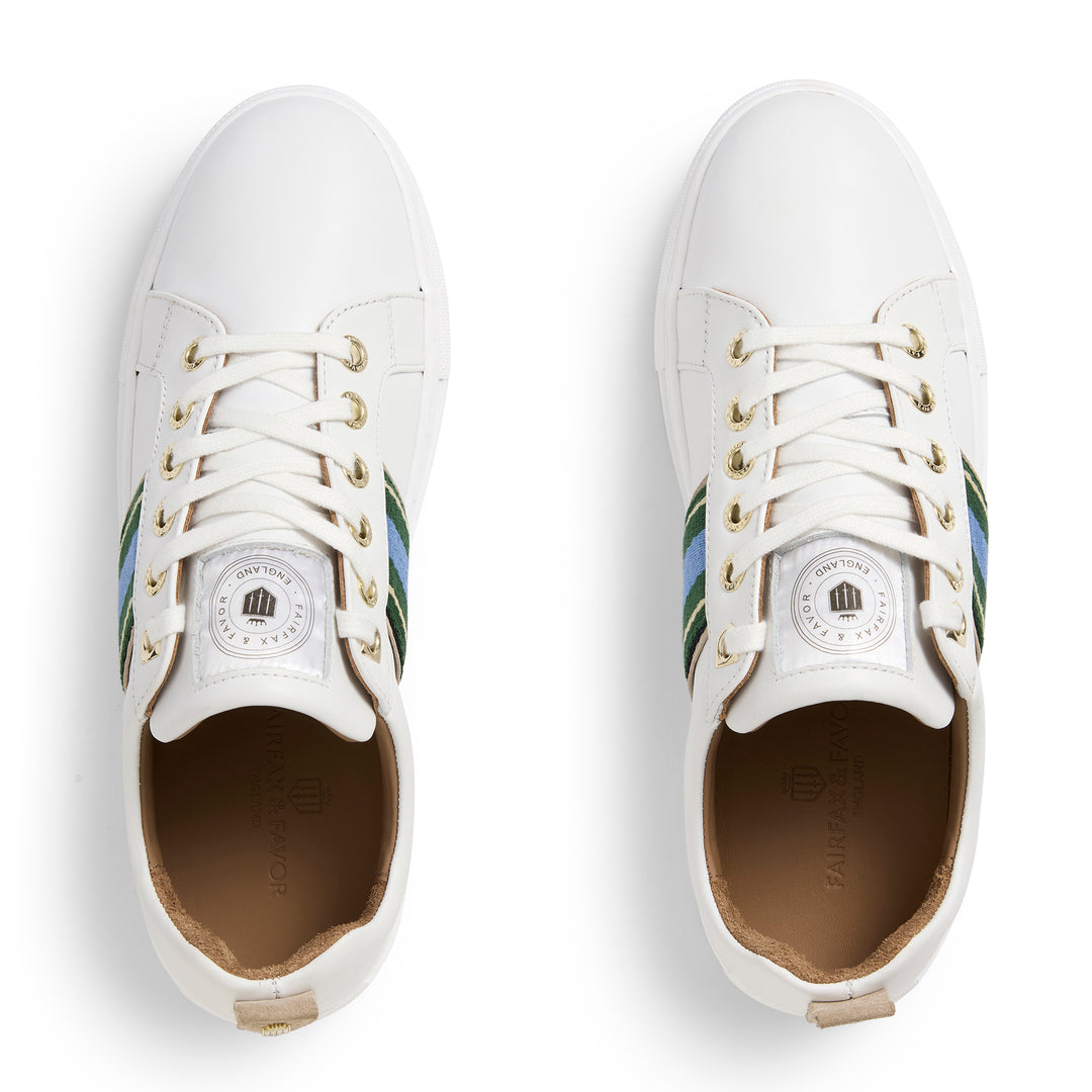 Fairfax & Favor Ladies Boston Trainer - White Leather with Clover Green/Sky Blue