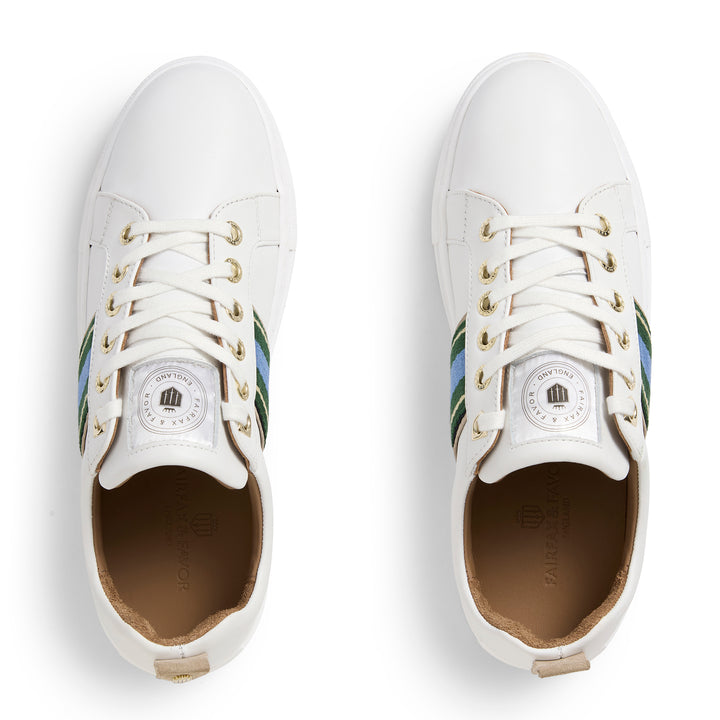 Fairfax & Favor Ladies Boston Trainer - White Leather with Clover Green/Sky Blue