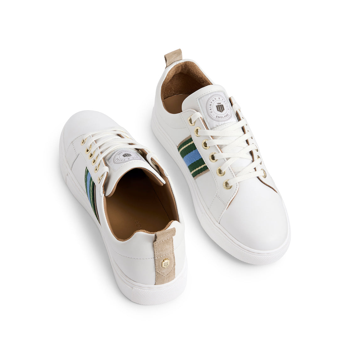 Fairfax & Favor Ladies Boston Trainer - White Leather with Clover Green/Sky Blue
