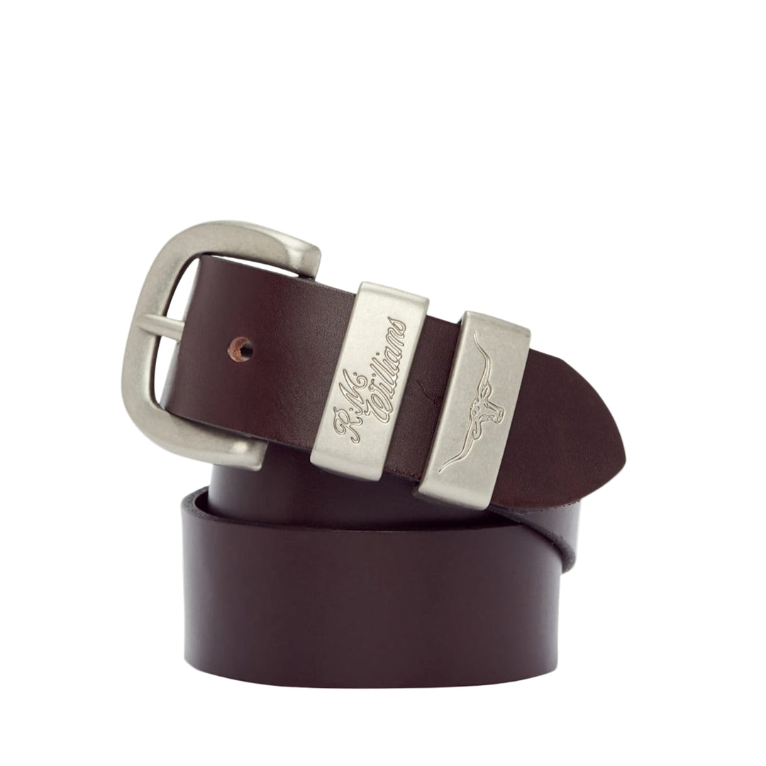 Brown leather belt with silver buckle on a white background