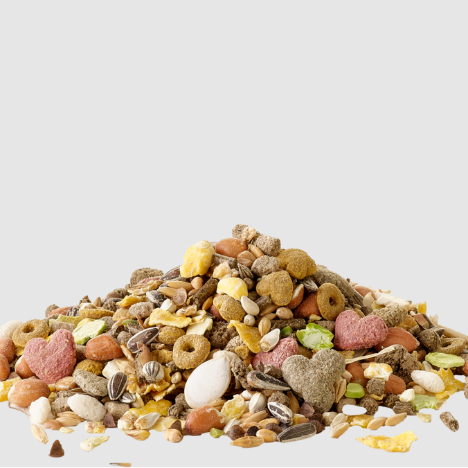 A pile of mixed pet food consisting of kibble, seeds, and treats in various shapes and colors.