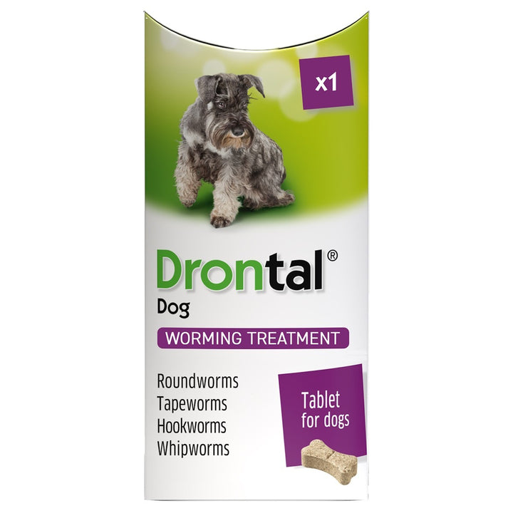 Drontal Dog worming treatment packaging with a dog illustration on a white background