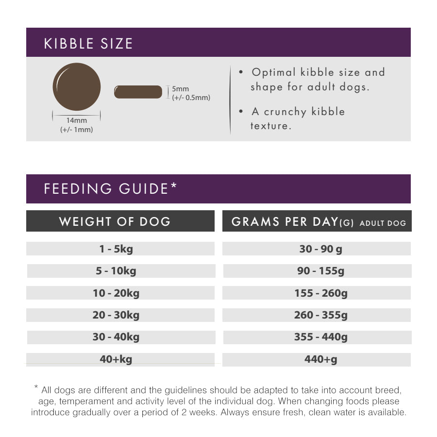 Feeding guide for dogs with kibble size information and recommended daily grams per day.