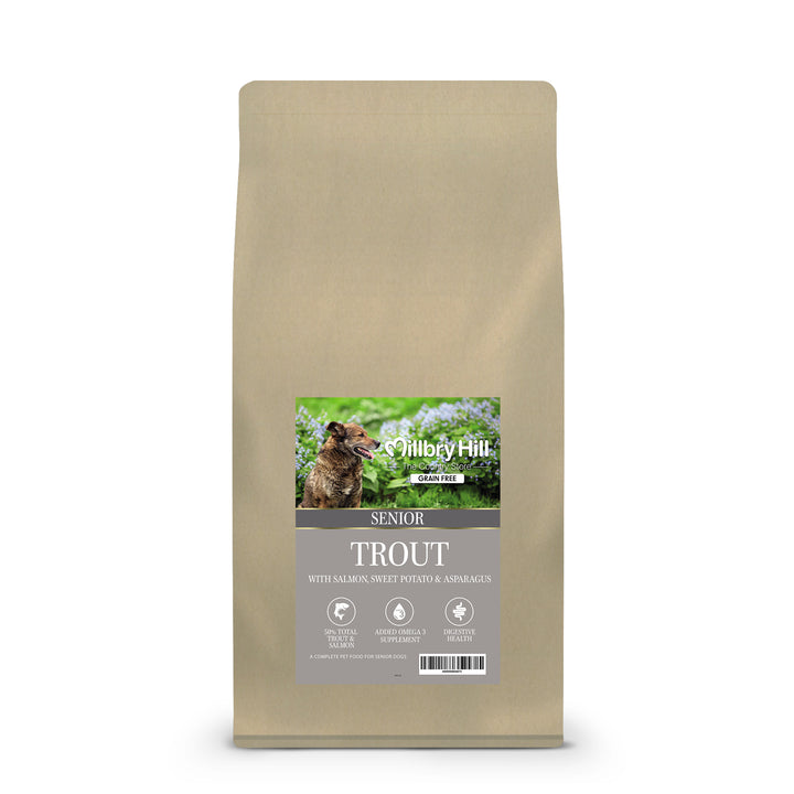 Bag of Millbry Hill's senior dog food with a label featuring a dog and nature imagery.