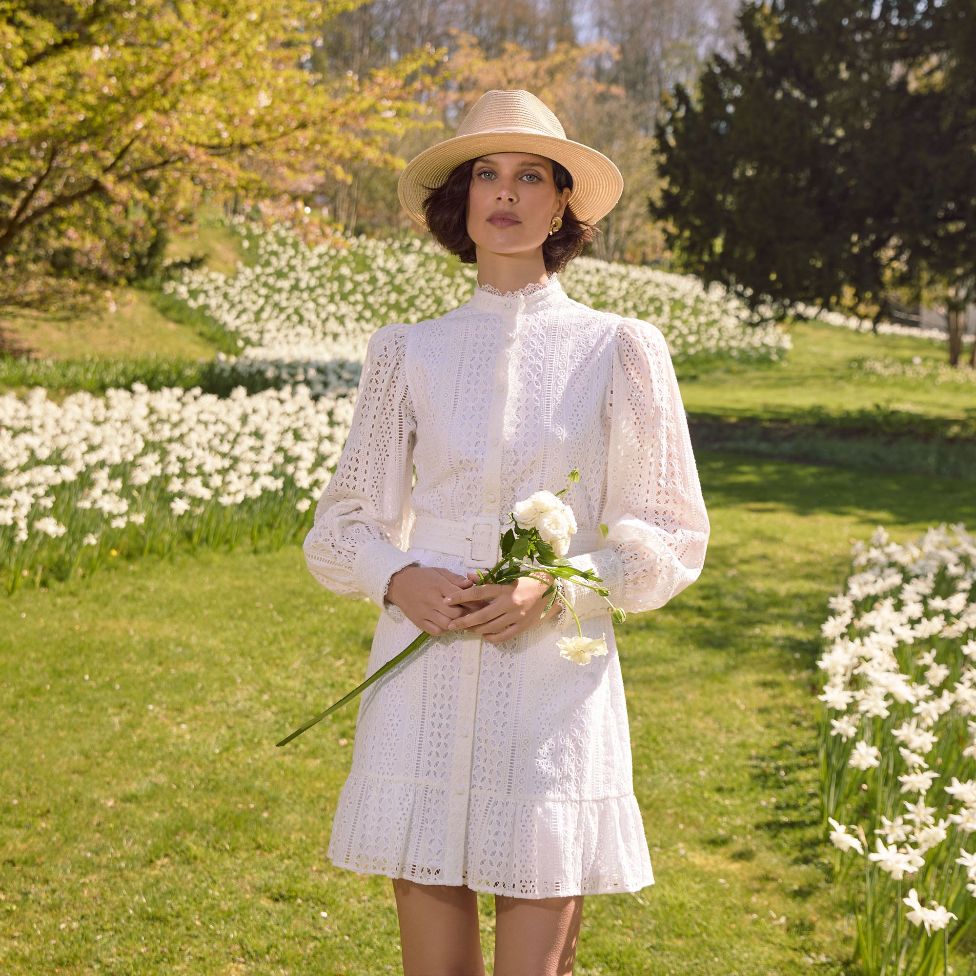Holland Cooper Ladies Collarless Broderie Mini Dress - White