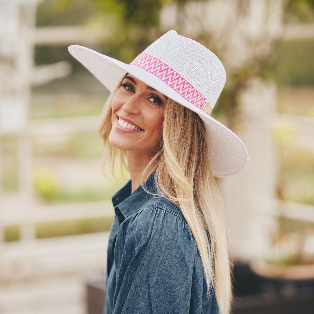 Hicks & Brown Pebmarsh Extra Wide Brim Fedora Pink Aztec Ribbon