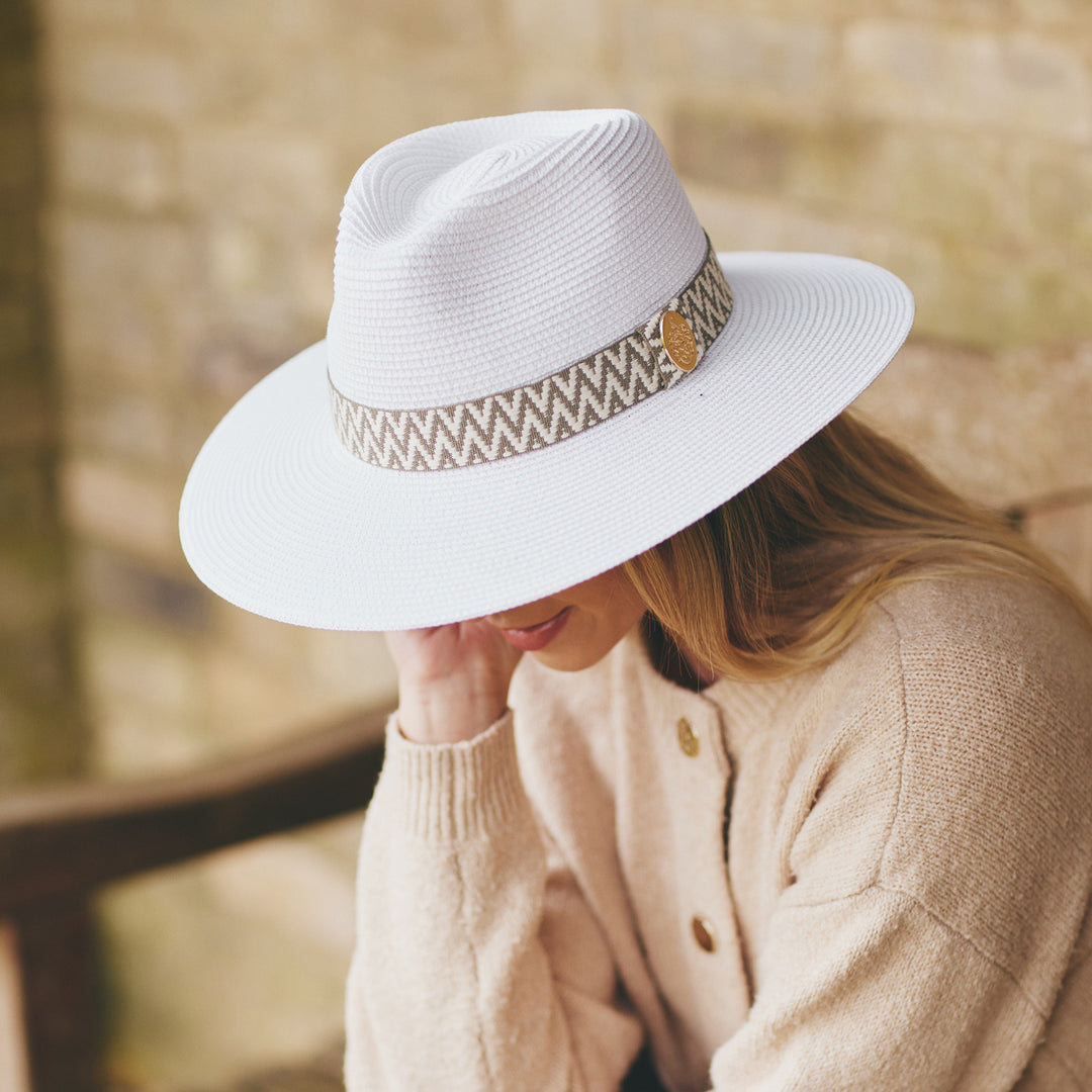 Hicks & Brown Hemley Wide Brim Fedora Khaki Aztec Ribbon