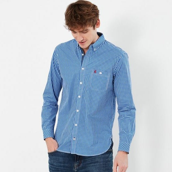 The Joules Mens Abbott Classic Long Sleeve Peached Poplin Shirt in Blue#Blue