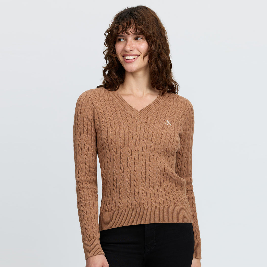 LeMieux Ladies Cora Cable V-Neck Knit Jumper - Caramel
