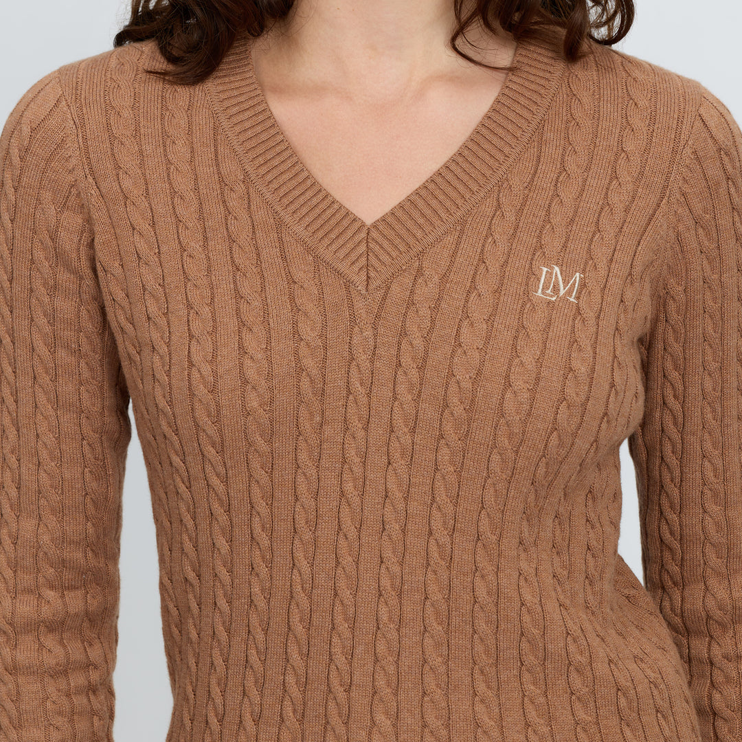 LeMieux Ladies Cora Cable V-Neck Knit Jumper - Caramel