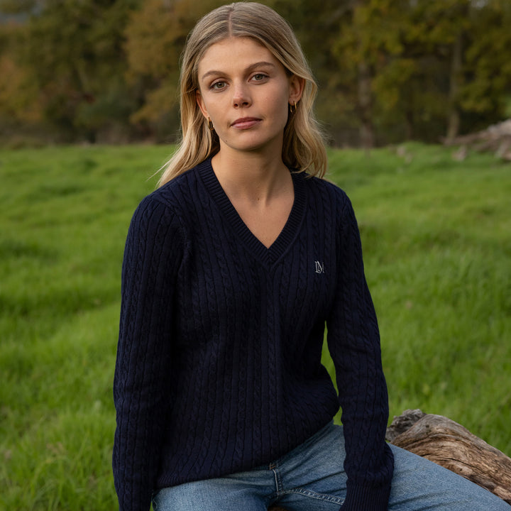 LeMieux Ladies Cora Cable V-Neck Knit Jumper - Navy