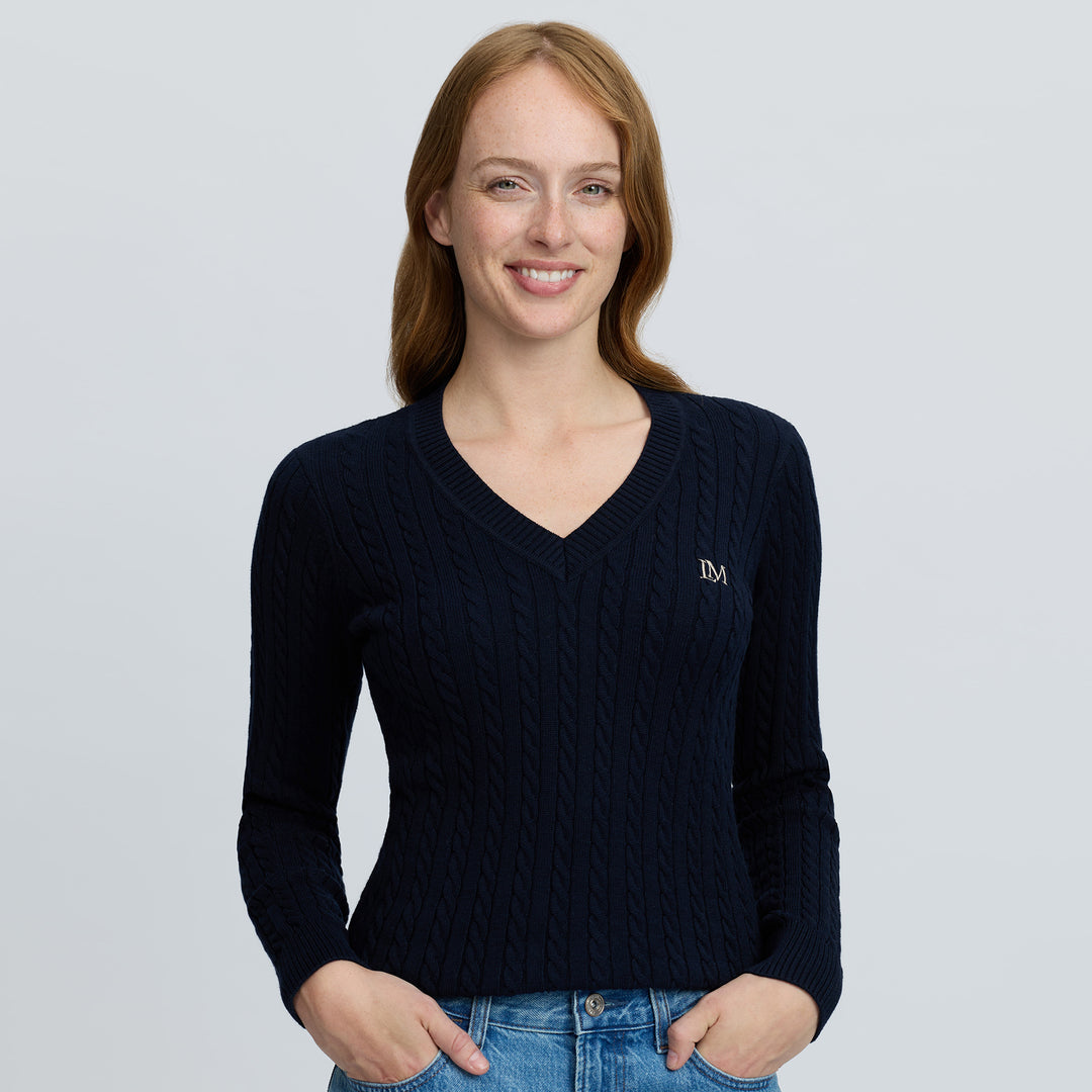 LeMieux Ladies Cora Cable V-Neck Knit Jumper - Navy