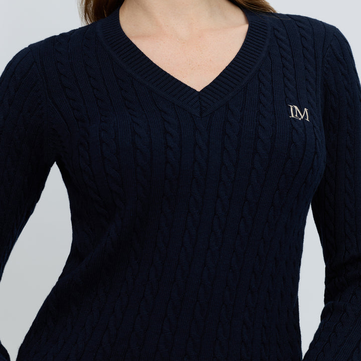 LeMieux Ladies Cora Cable V-Neck Knit Jumper - Navy