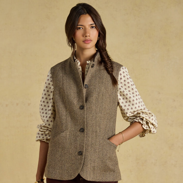 Joules Ladies Nehru Tweed Fitted Gilet