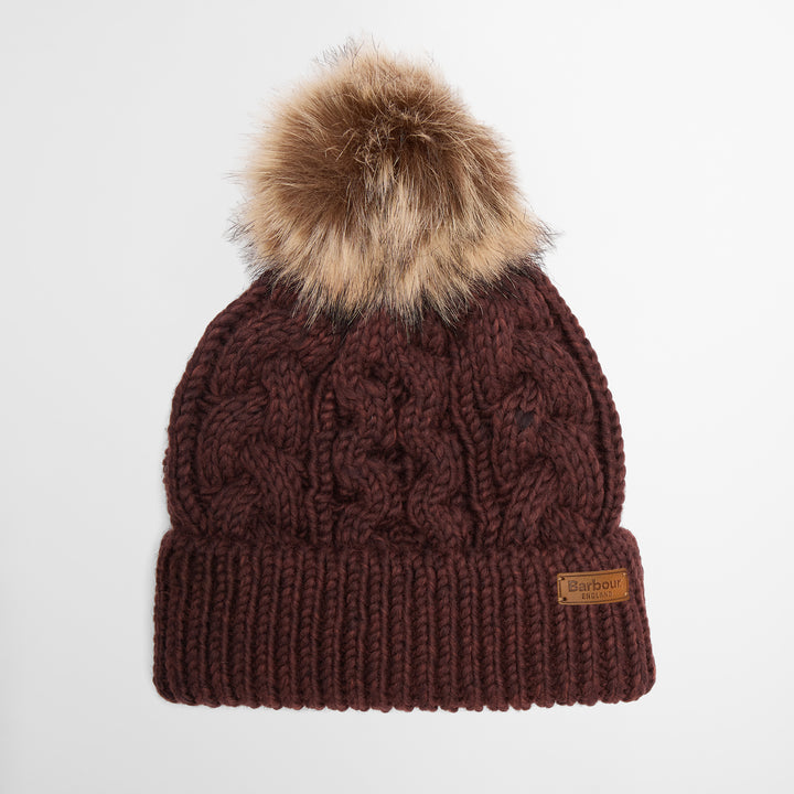 Barbour Ladies Penshaw Cable Knit Beanie with Faux Fur Pom-Pom