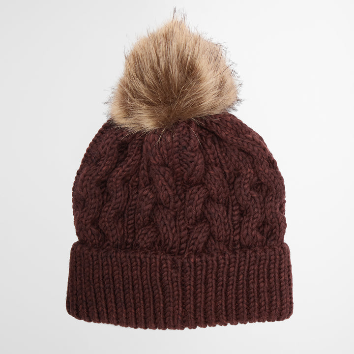 Barbour Ladies Penshaw Cable Knit Beanie with Faux Fur Pom-Pom
