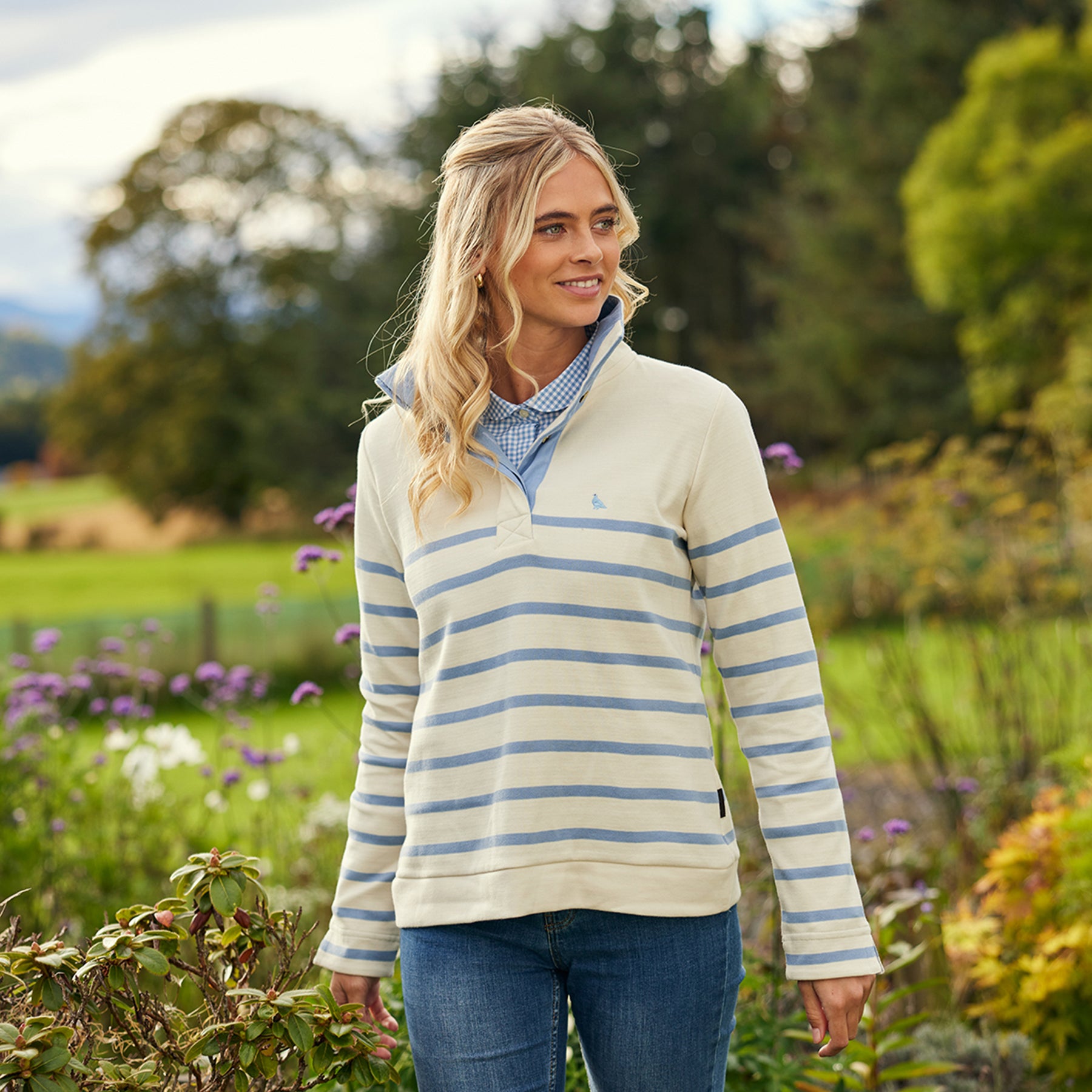 Woman wearing Schoffel sweatshirt