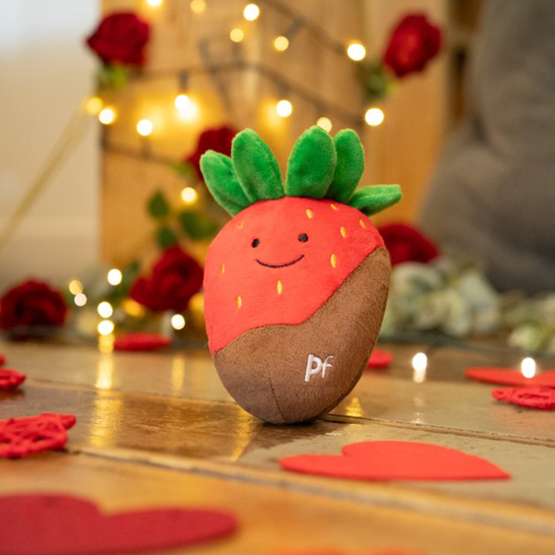 Strawberry dog toy on a table