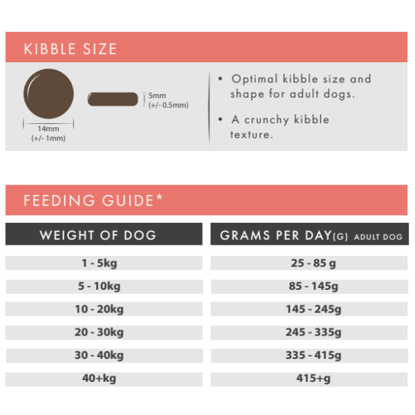 Dog food kibble size and feeding guide chart on a white background