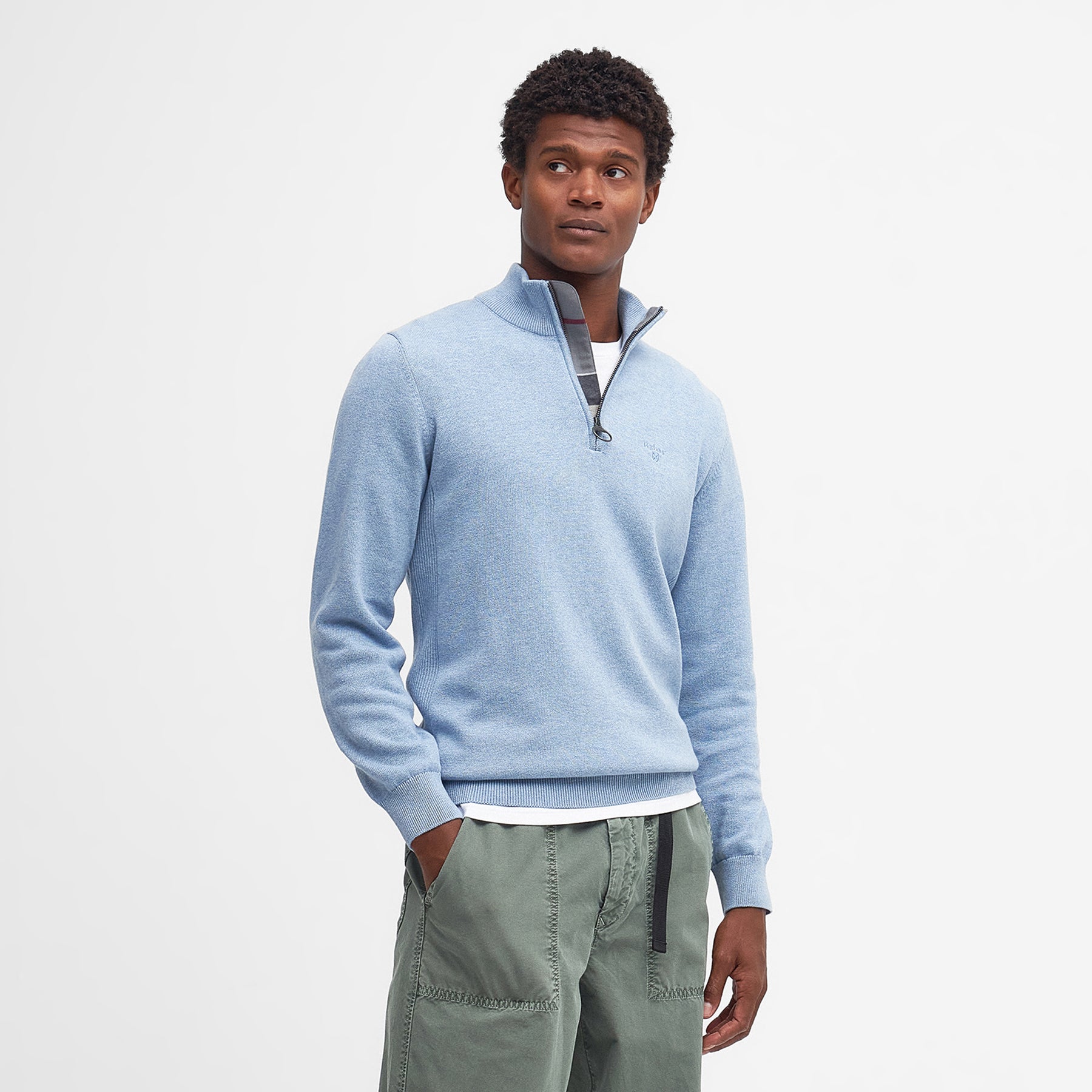【中古】BATONER UA別注 HALF ZIP KNIT BLUE Barbour Mens Cotton Half Zip Knitted Jumper - Dark Chambray