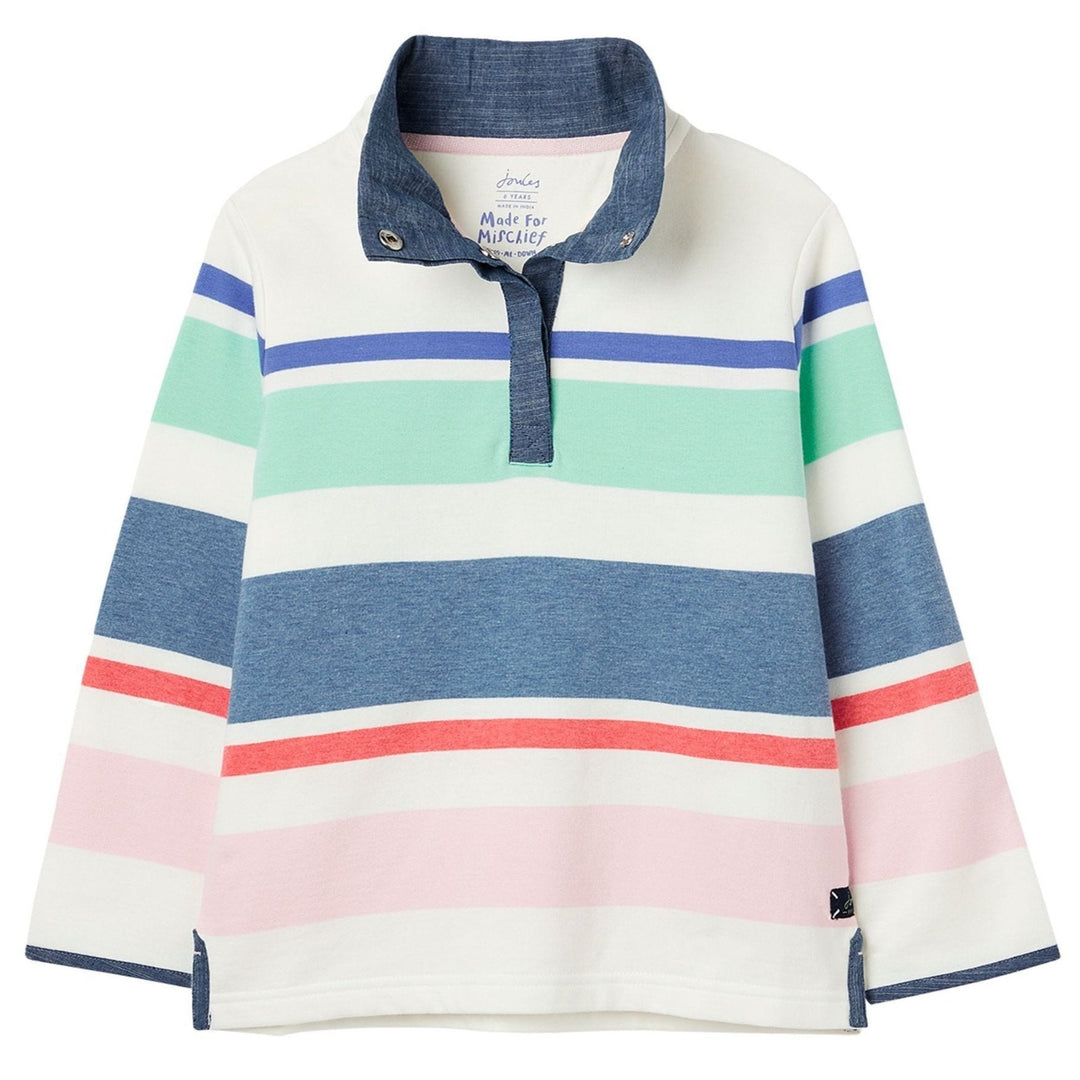 The Joules Girl Saunton Stripe Overhead Half Popper Sweatshirt in Cream Stripe#Cream Stripe