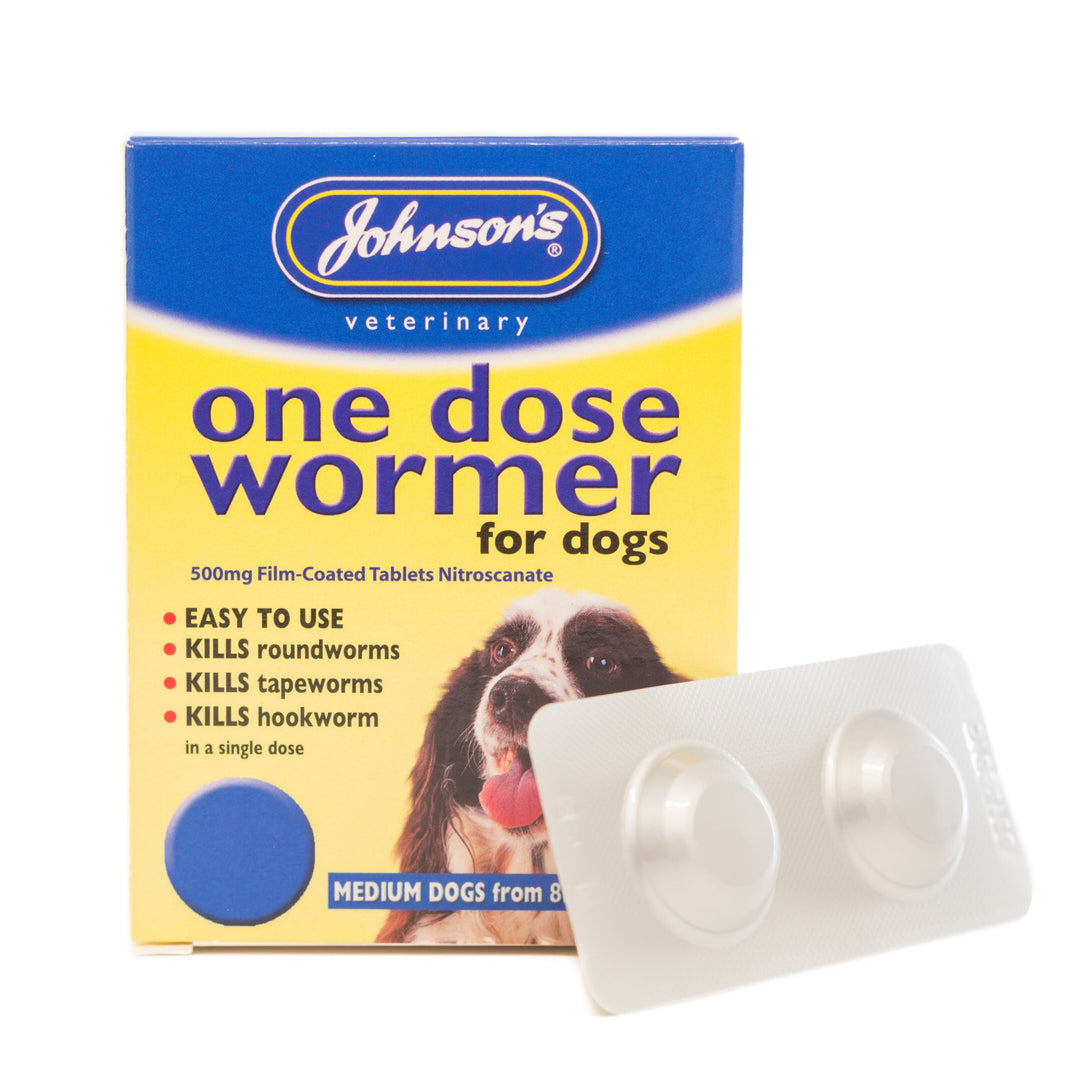 Johnson's Veterinary one dose wormer for dogs packaging with two tablets on a white background