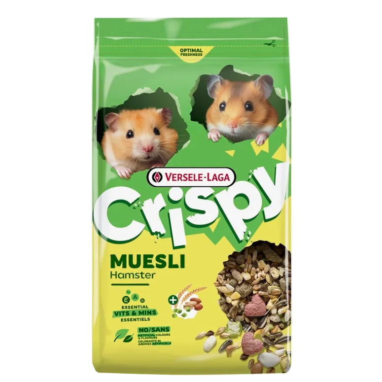 Versele-Laga Crispy Muesli Hamster food packaging with images of hamsters on a green and yellow background.