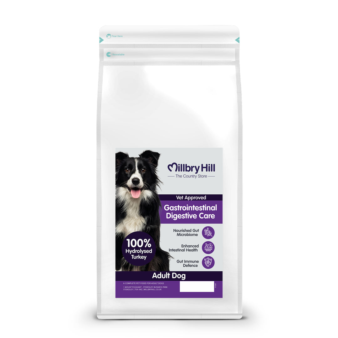 Dog food package for gastrointestinal digestive care with a dog on the label against a white background