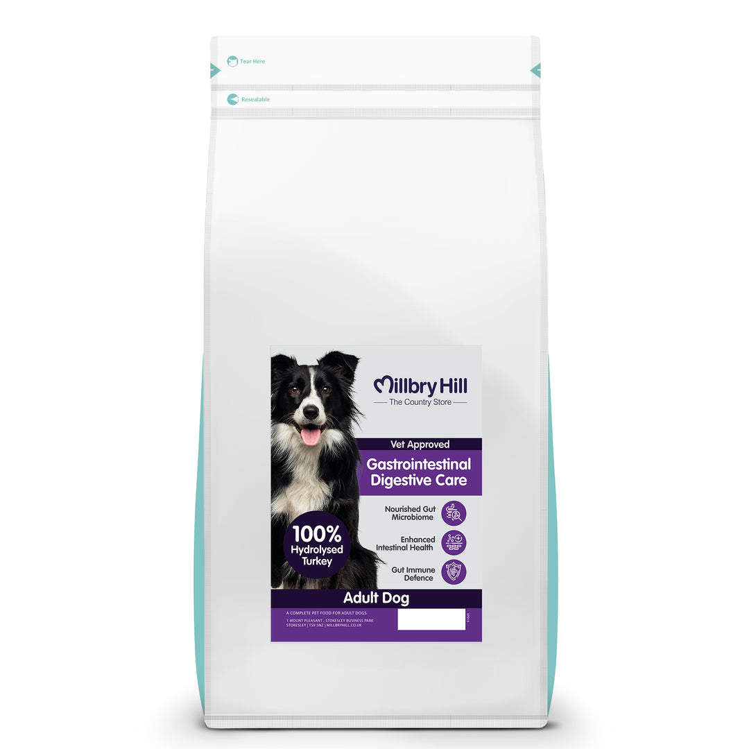 Dog food package with a black and white dog illustration on a white background