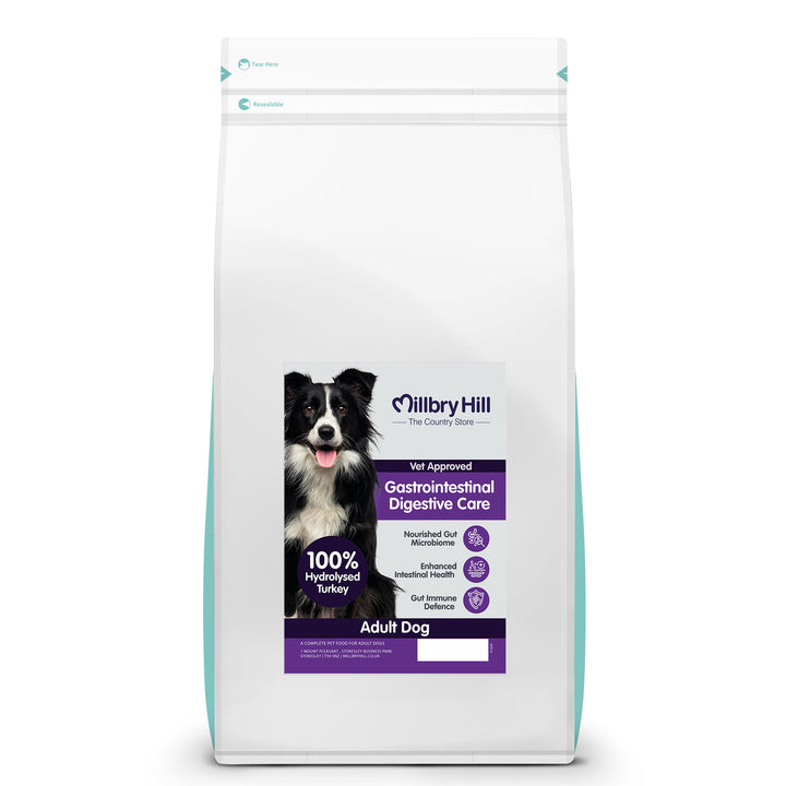 Dog food package with a black and white dog illustration on a white background