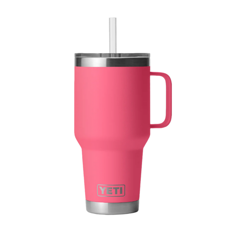 Pink YETI mug with handle and straw on a white background