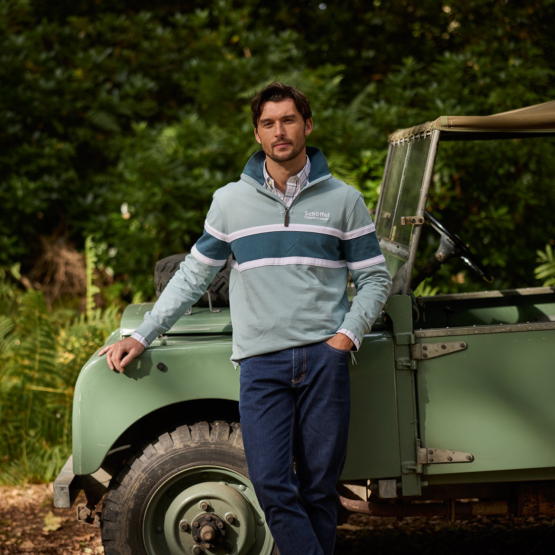 Man stood in front of a Landrover wearing new Schoffel clothing
