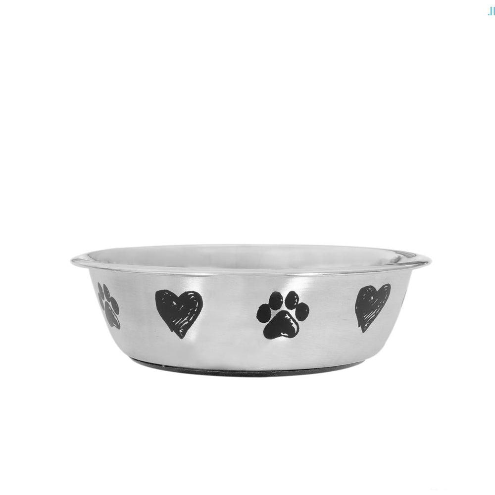 Stainless steel pet bowl with heart and paw print designs on a white background