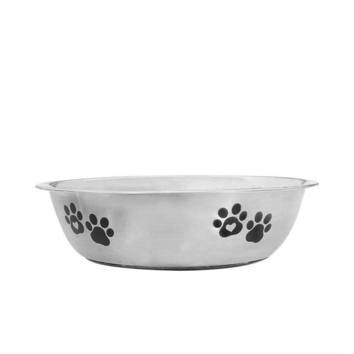 Stainless steel pet bowl with paw prints on a white background