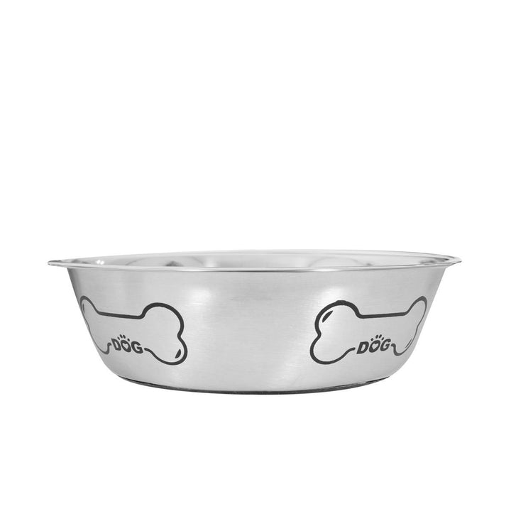 Stainless steel dog bowl with 'DOG' branding on a white background
