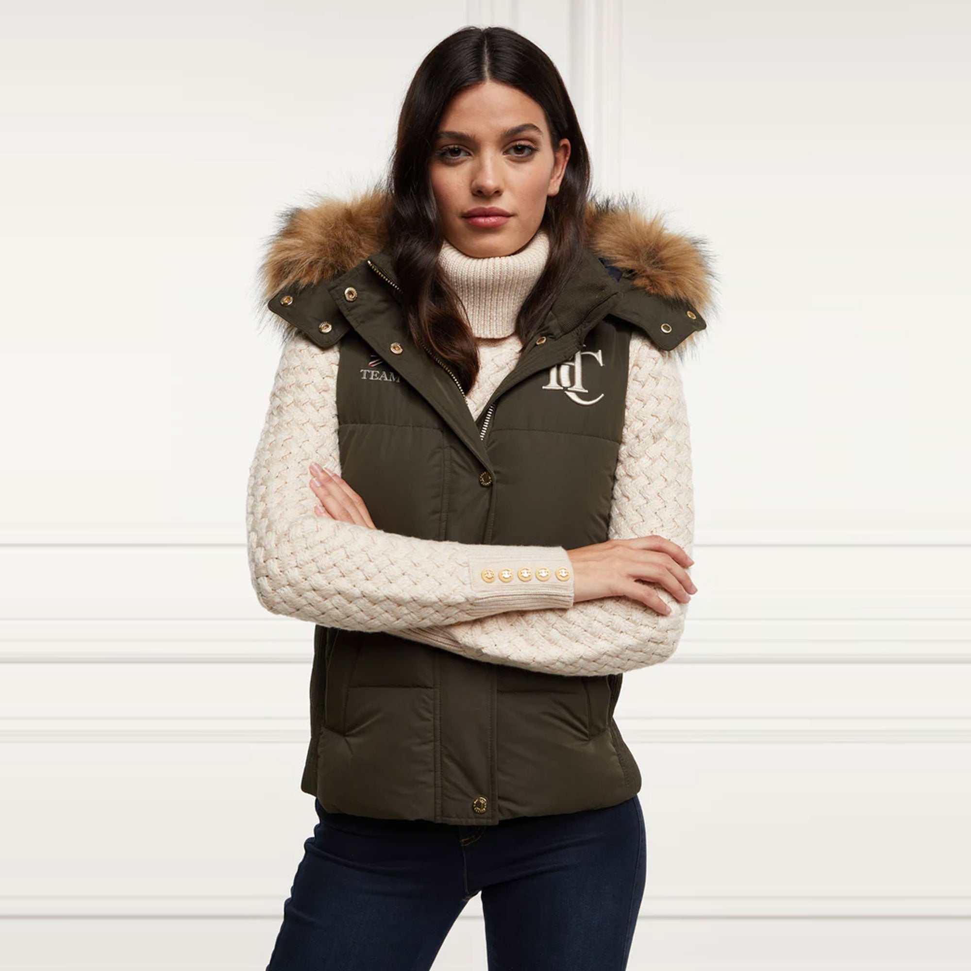 Ladies gilet outlet with fur hood