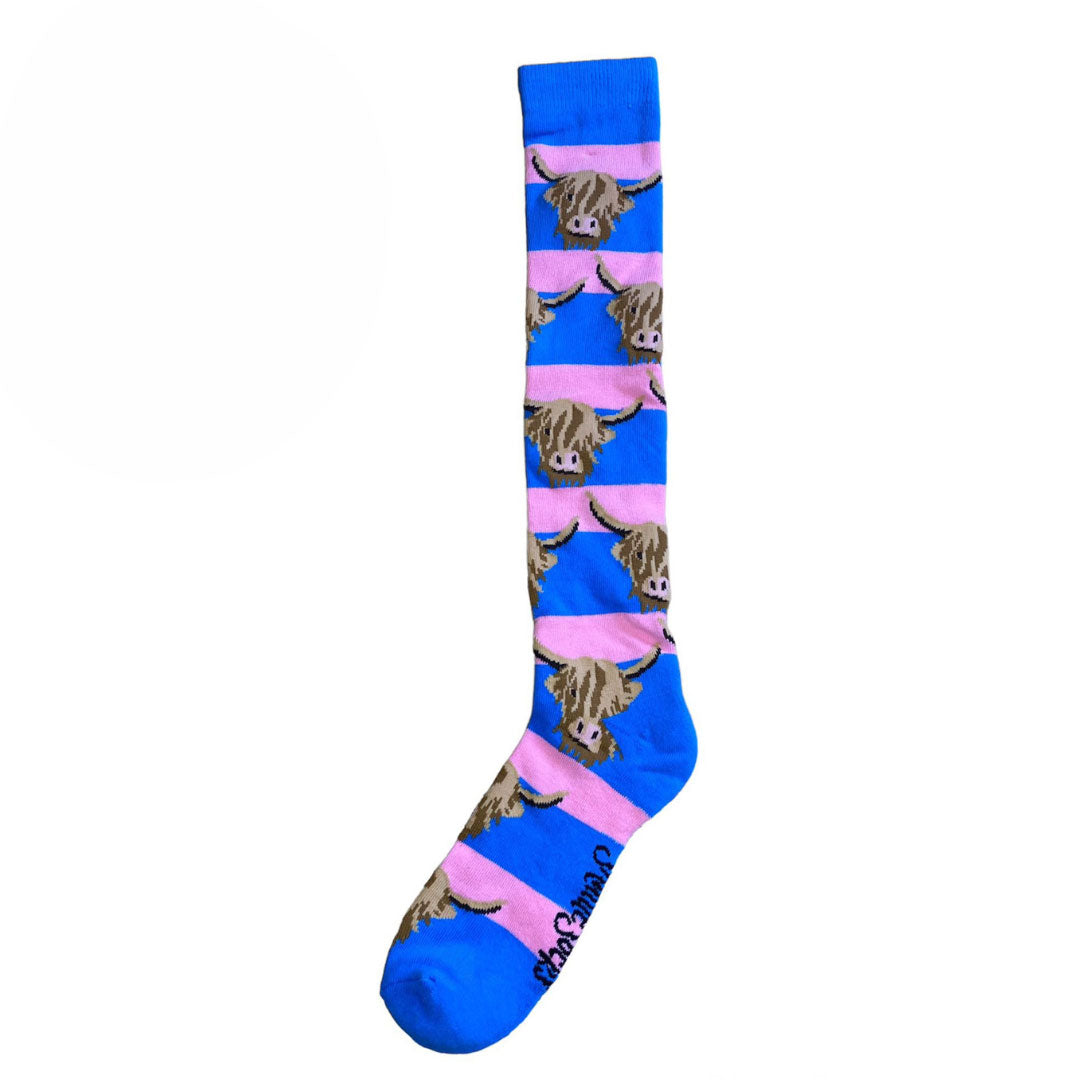 The Shuttle Socks Ladies Highland Cow Welly Socks in Blue#Blue