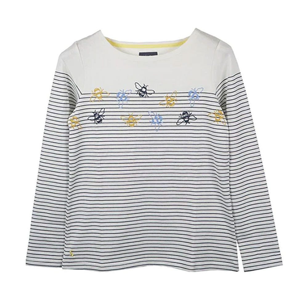 The Joules Ladies Harbour Emb Long Sleeve Jersey Top in Beige Print#Cream Stripe