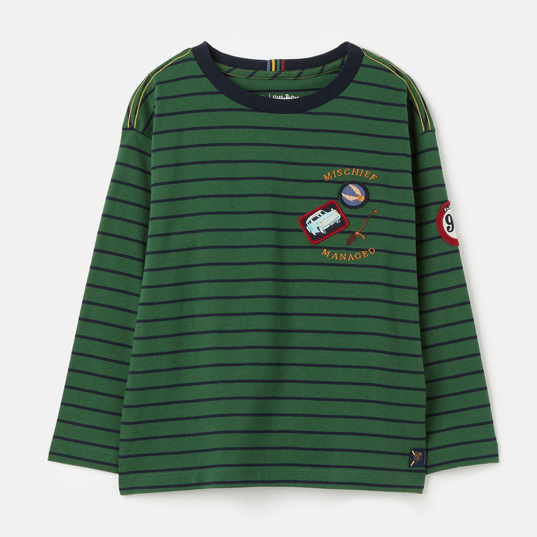 The Joules Boys Harry Potter Mischief Managed Top in Green Stripe#Green Stripe