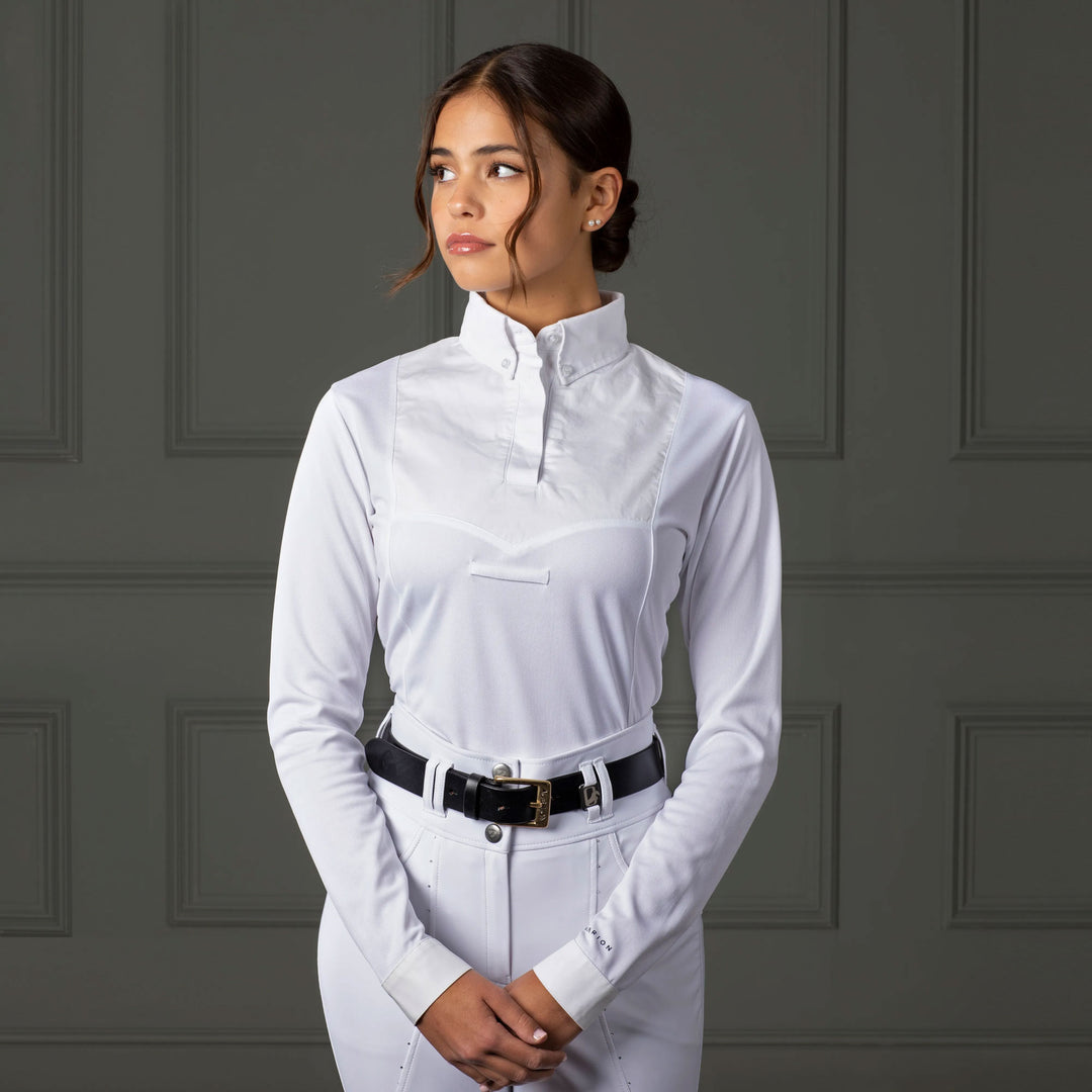 The Aubrion Ladies Long Sleeve Tie Shirt in White#White