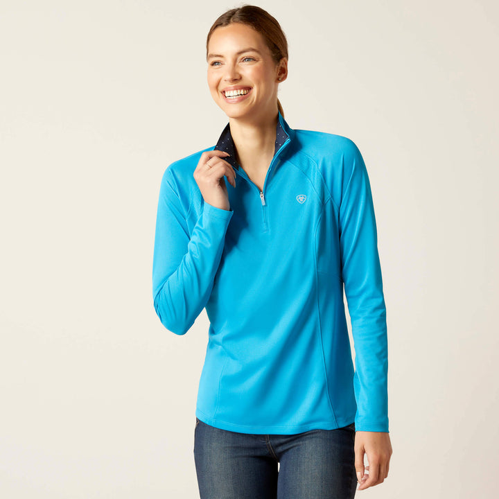 The Ariat Ladies Sunstopper 2.0 1/4 Zip Baselayer in Turquoise#Turquoise
