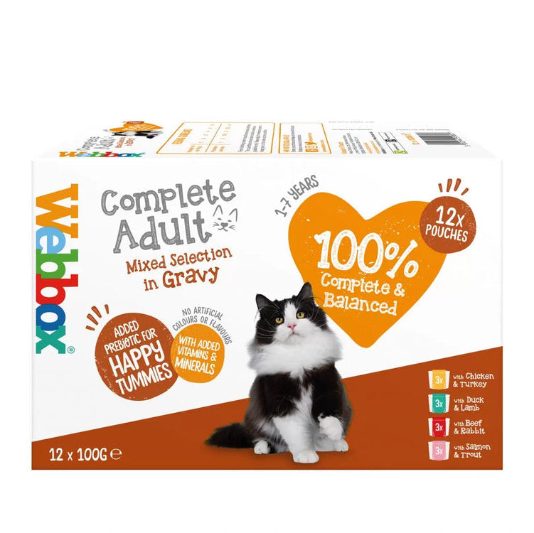 Box of Webbox complete adult cat food with a cat on the label