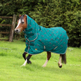 A horse wearing a teal horse rug with a cartoon horse pattern, trotting in a grassy field with trees in the background.