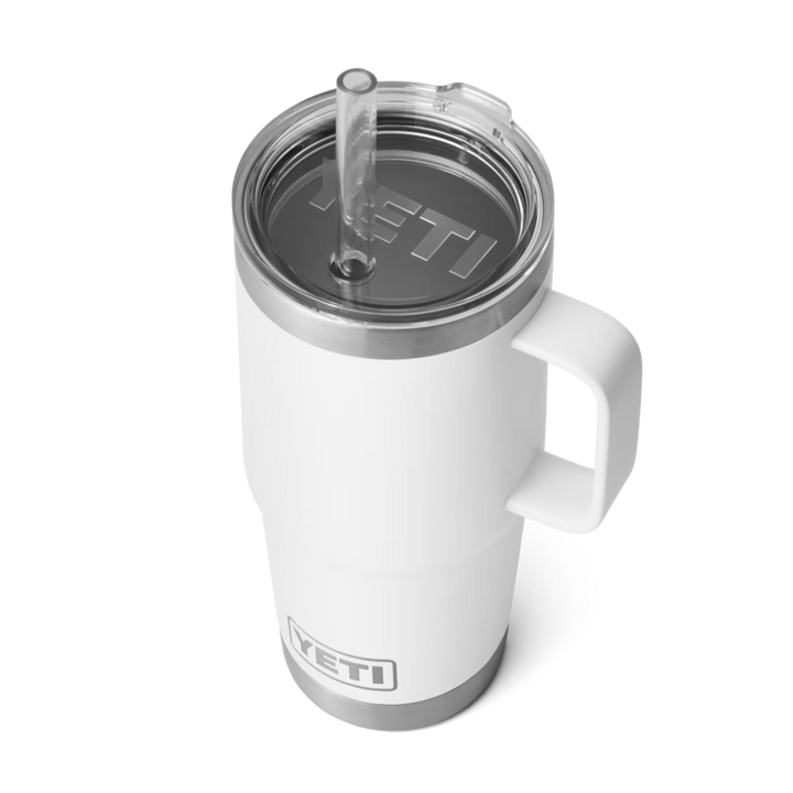 White YETI mug with a clear lid on a white background