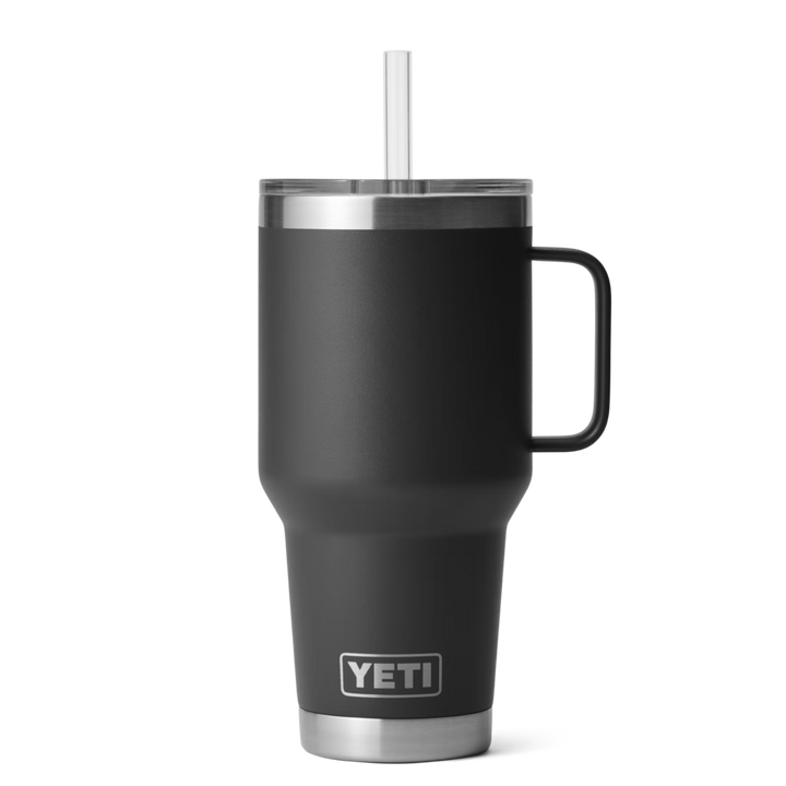 Black YETI mug with handle and straw on a white background