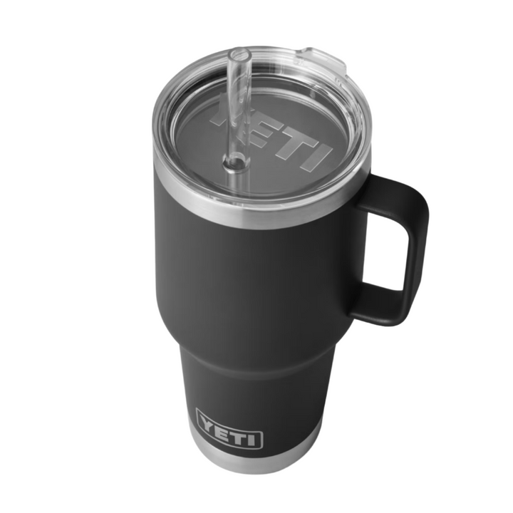 Black YETI mug with straw lid on a white background