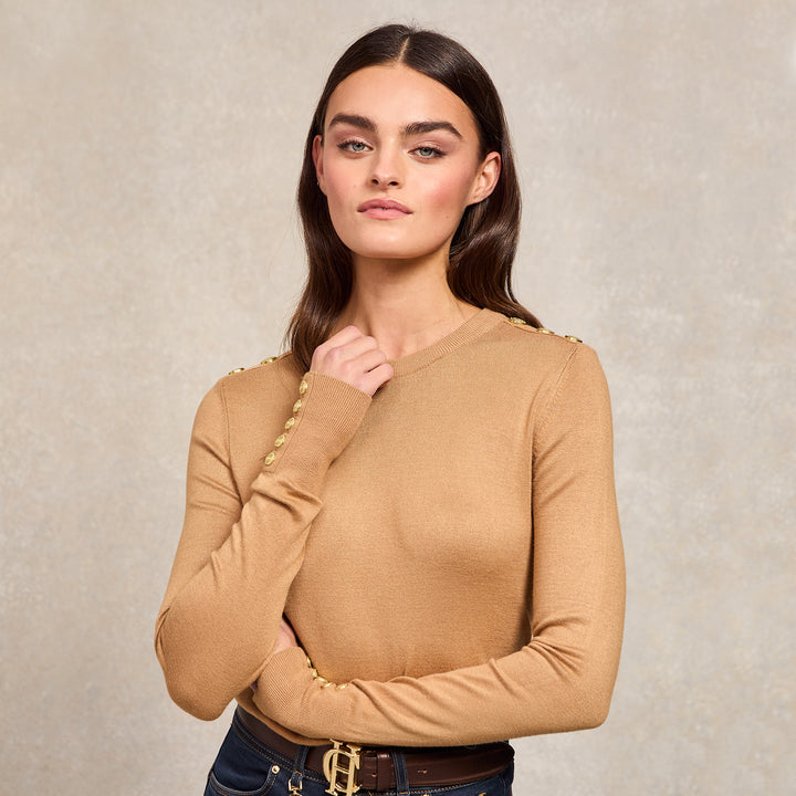 Holland Cooper Ladies Buttoned Knit Crew Neck