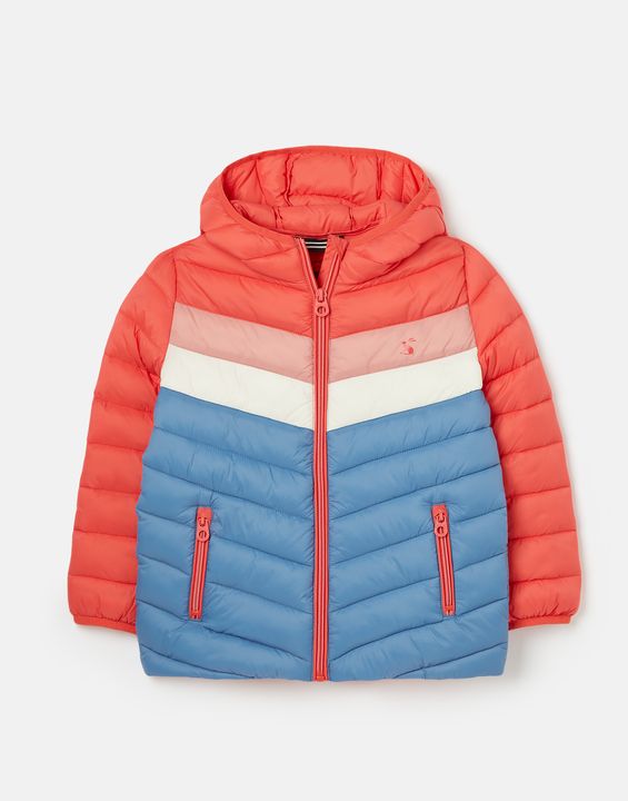 The Joules Girls Kinnaird Colourblock Packable Coat in Multi-Coloured#Pink Stripe