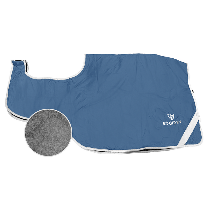 Blue horse blanket with EquiDry logo on a white background