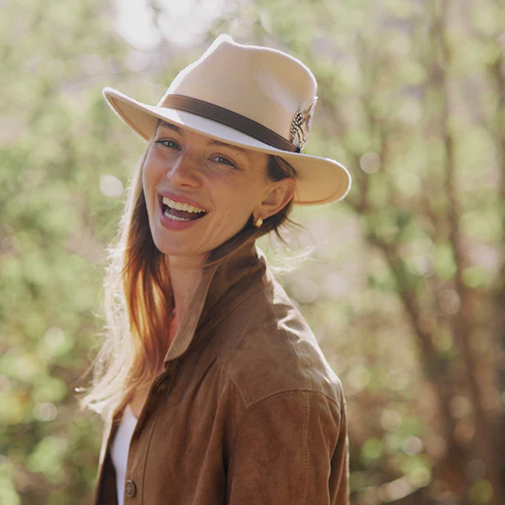 Hicks Brown Suffolk Fedora Fawn Side Feather - Main Image